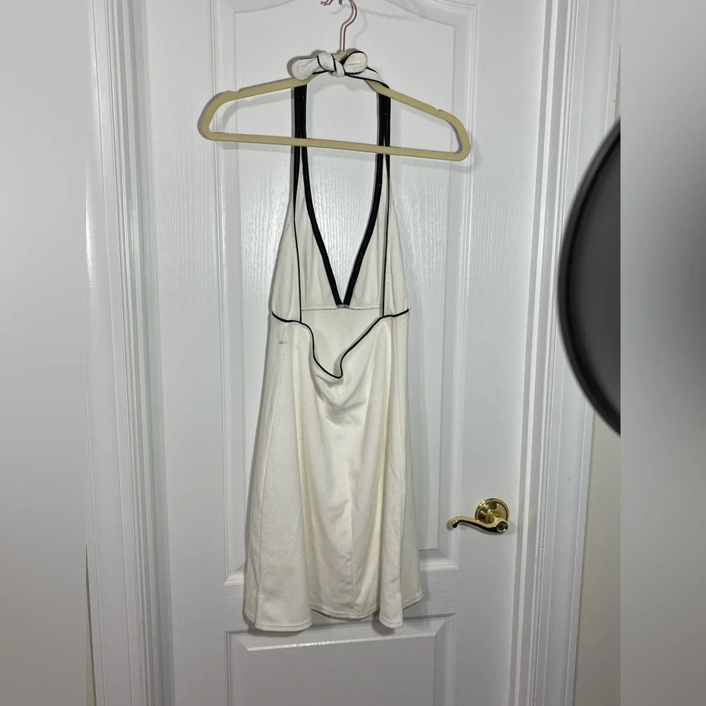 NEW Y2K Terrycloth Halter Swim Coverup Dress White w/ Black Piping Medium
